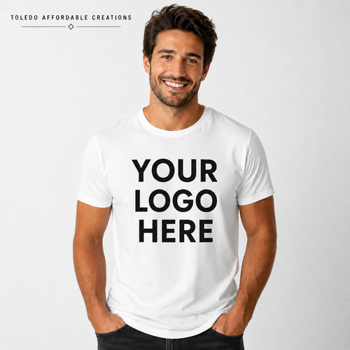 Adult model wearing a custom business logo T-shirt