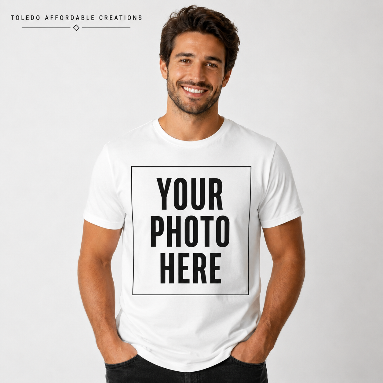 Adult model wearing a custom photo T-shirt