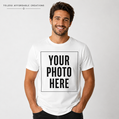 Adult model wearing a custom photo T-shirt